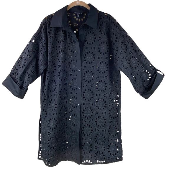 Ming Wang Floral Eyelet Long Tunic Top Size M Black Duster Buttons Lace - Picture 7 of 7